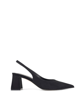 Women's black suede block heel slingback with pointed heel and v-cut throat