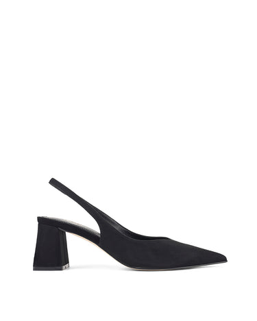 Women's black suede block heel slingback with pointed heel and v-cut throat