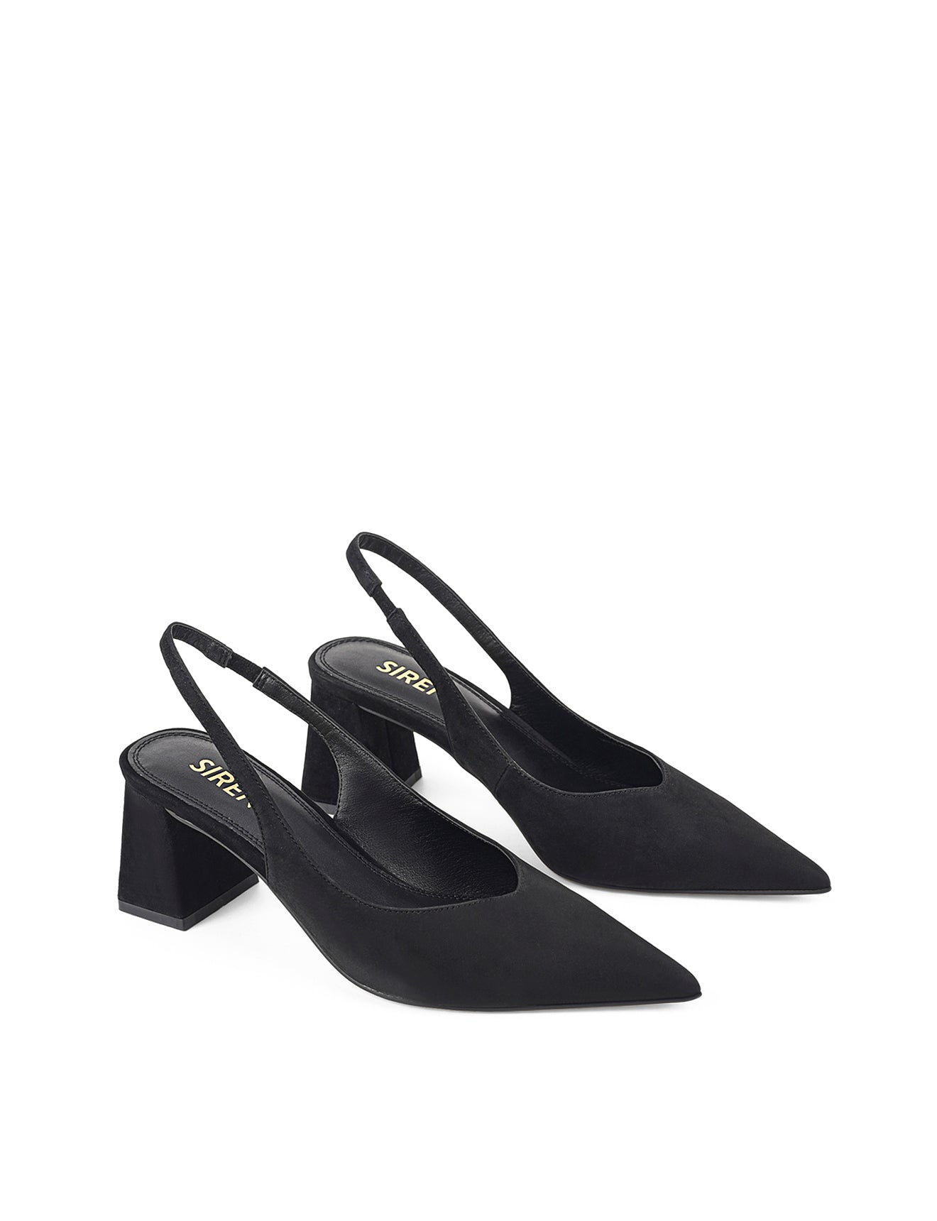 Women's black suede block heel slingback with pointed heel and v-cut throat