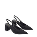 Women's black suede block heel slingback with pointed heel and v-cut throat