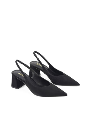 Women's black suede block heel slingback with pointed heel and v-cut throat