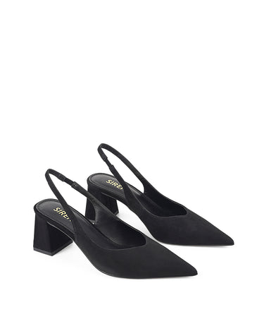 Women's black suede block heel slingback with pointed heel and v-cut throat
