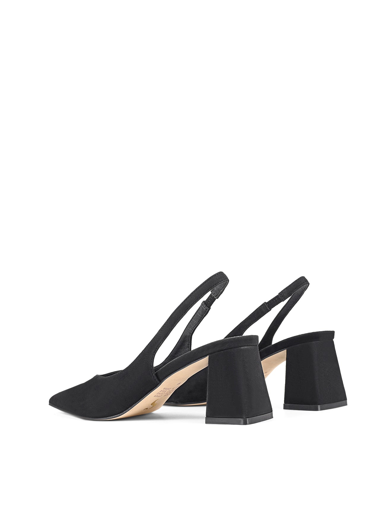 Women's black suede block heel slingback with pointed heel and v-cut throat