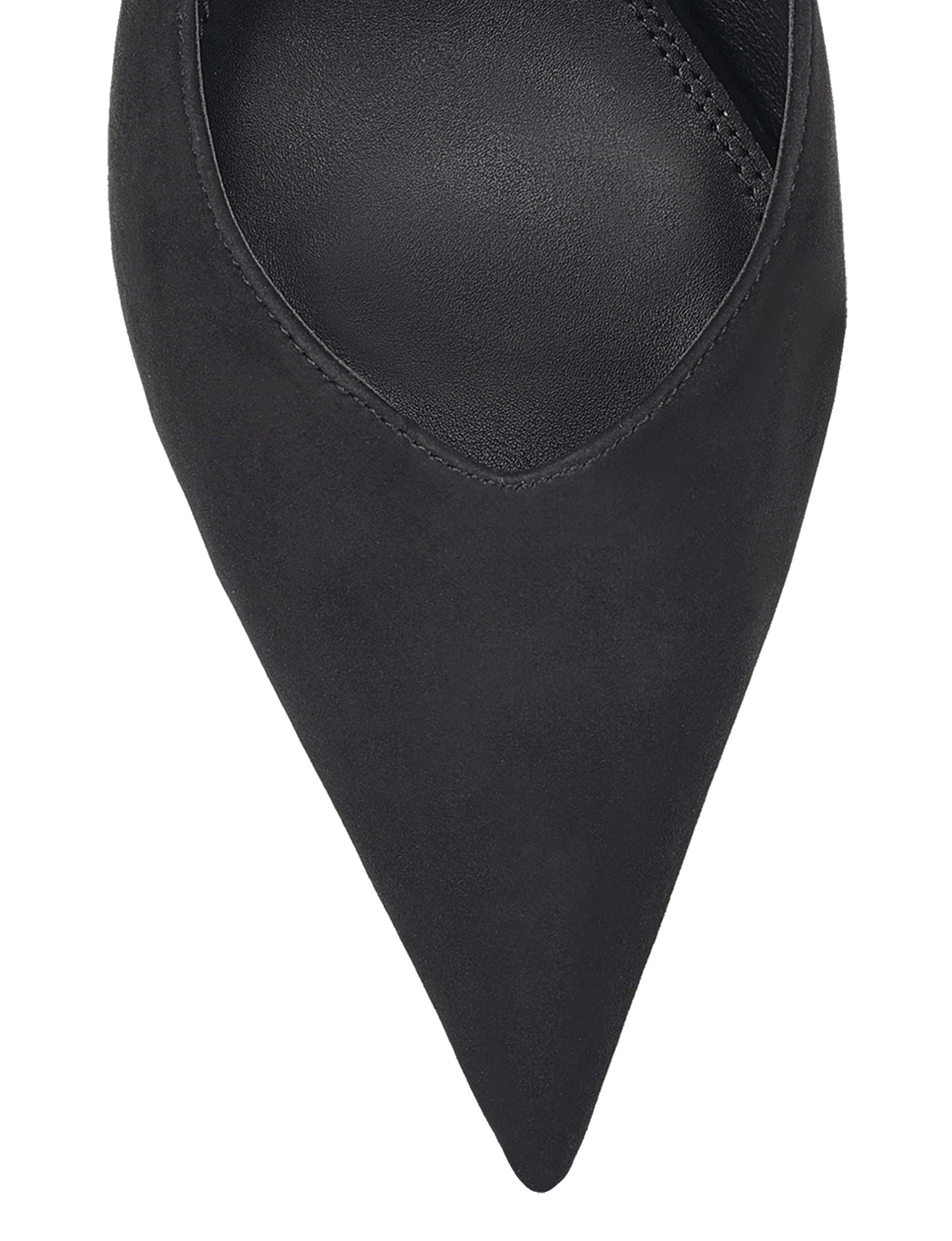 Women's black suede block heel slingback with pointed heel and v-cut throat
