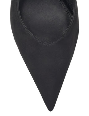 Women's black suede block heel slingback with pointed heel and v-cut throat