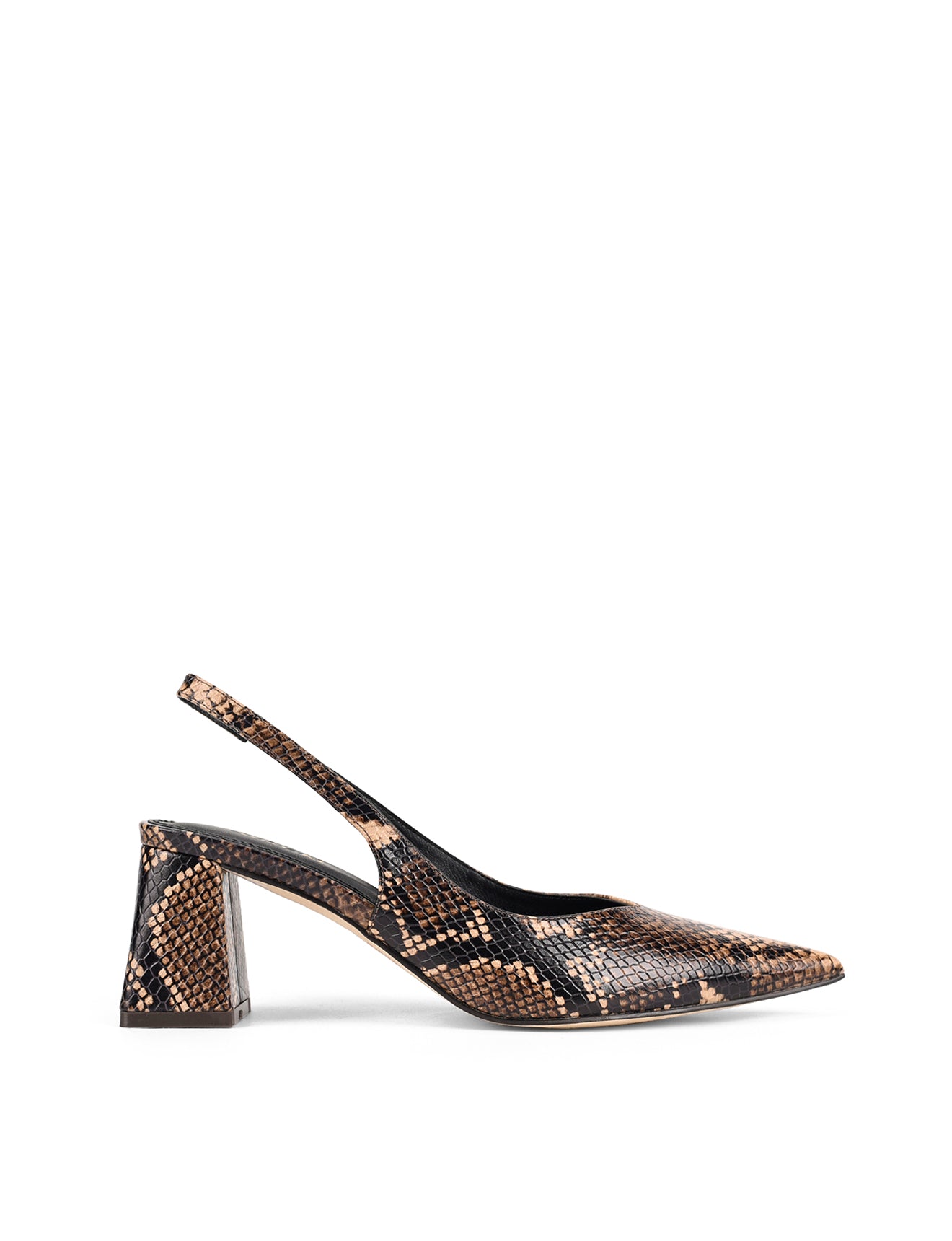 Women's Brown Snake Embossed Leather Slingback heels with block heel, pointed toe and elasticated slingback