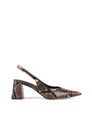 Women's Brown Snake Embossed Leather Slingback heels with block heel, pointed toe and elasticated slingback