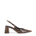 Women's Brown Snake Embossed Leather Slingback heels with block heel, pointed toe and elasticated slingback