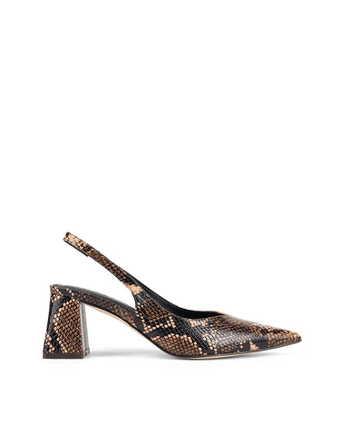 Women's Brown Snake Embossed Leather Slingback heels with block heel, pointed toe and elasticated slingback