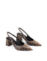 Women's Brown Snake Embossed Leather Slingback heels with block heel, pointed toe and elasticated slingback