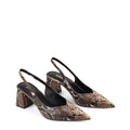 Women's Brown Snake Embossed Leather Slingback heels with block heel, pointed toe and elasticated slingback