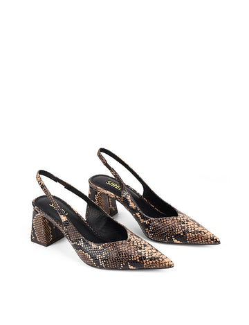 Women's Brown Snake Embossed Leather Slingback heels with block heel, pointed toe and elasticated slingback