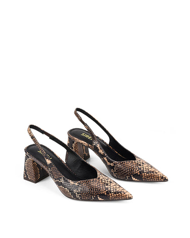 Women's Brown Snake Embossed Leather Slingback heels with block heel, pointed toe and elasticated slingback
