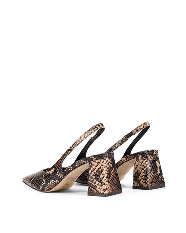 Women's Brown Snake Embossed Leather Slingback heels with block heel, pointed toe and elasticated slingback