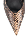 Women's Brown Snake Embossed Leather Slingback heels with block heel, pointed toe and elasticated slingback