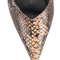 Women's Brown Snake Embossed Leather Slingback heels with block heel, pointed toe and elasticated slingback