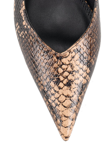 Women's Brown Snake Embossed Leather Slingback heels with block heel, pointed toe and elasticated slingback