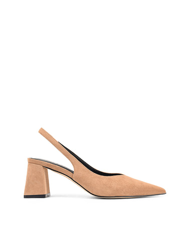Women's camel tan suede pointed toe slingback with block heel 