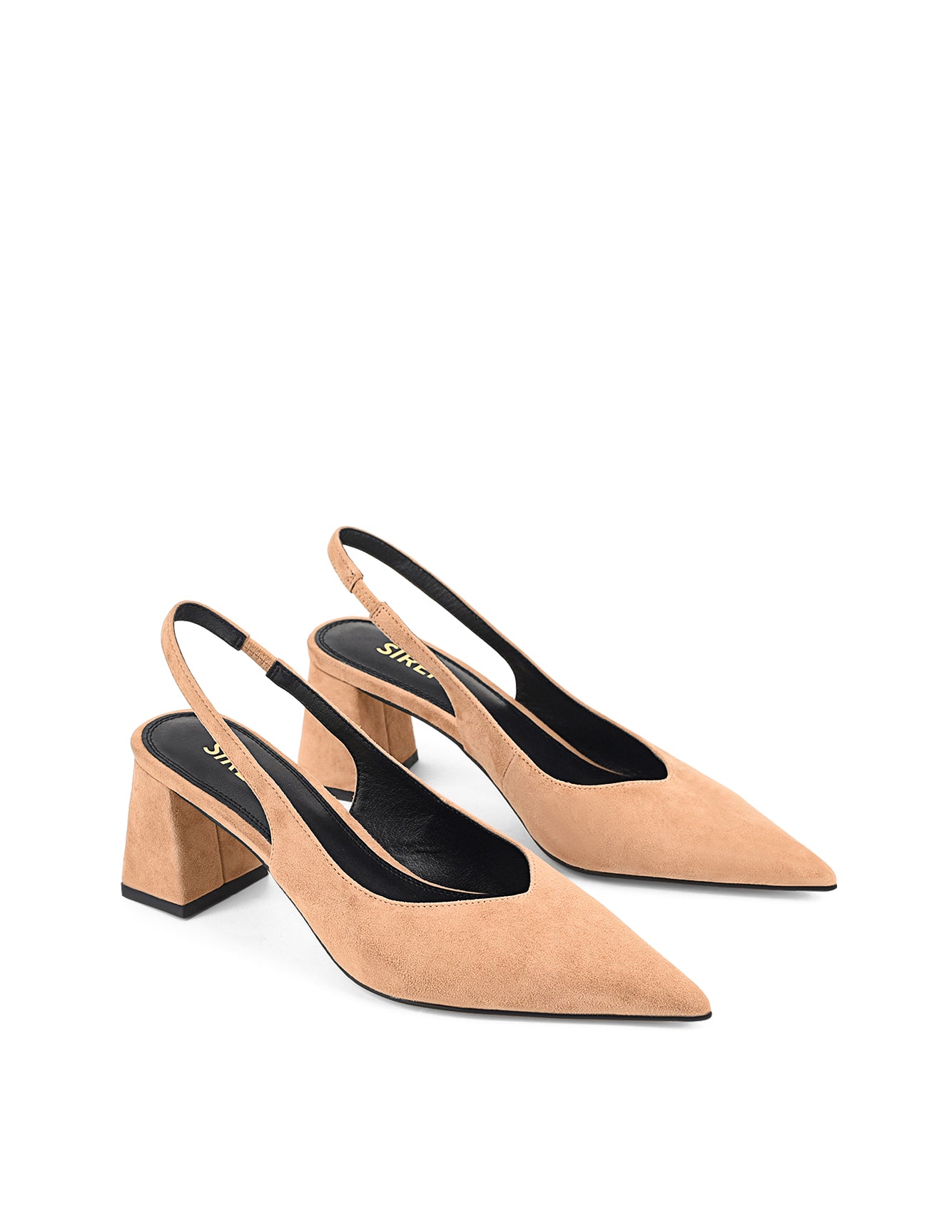 Women's camel tan suede pointed toe slingback with block heel 