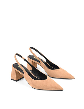 Women's camel tan suede pointed toe slingback with block heel 