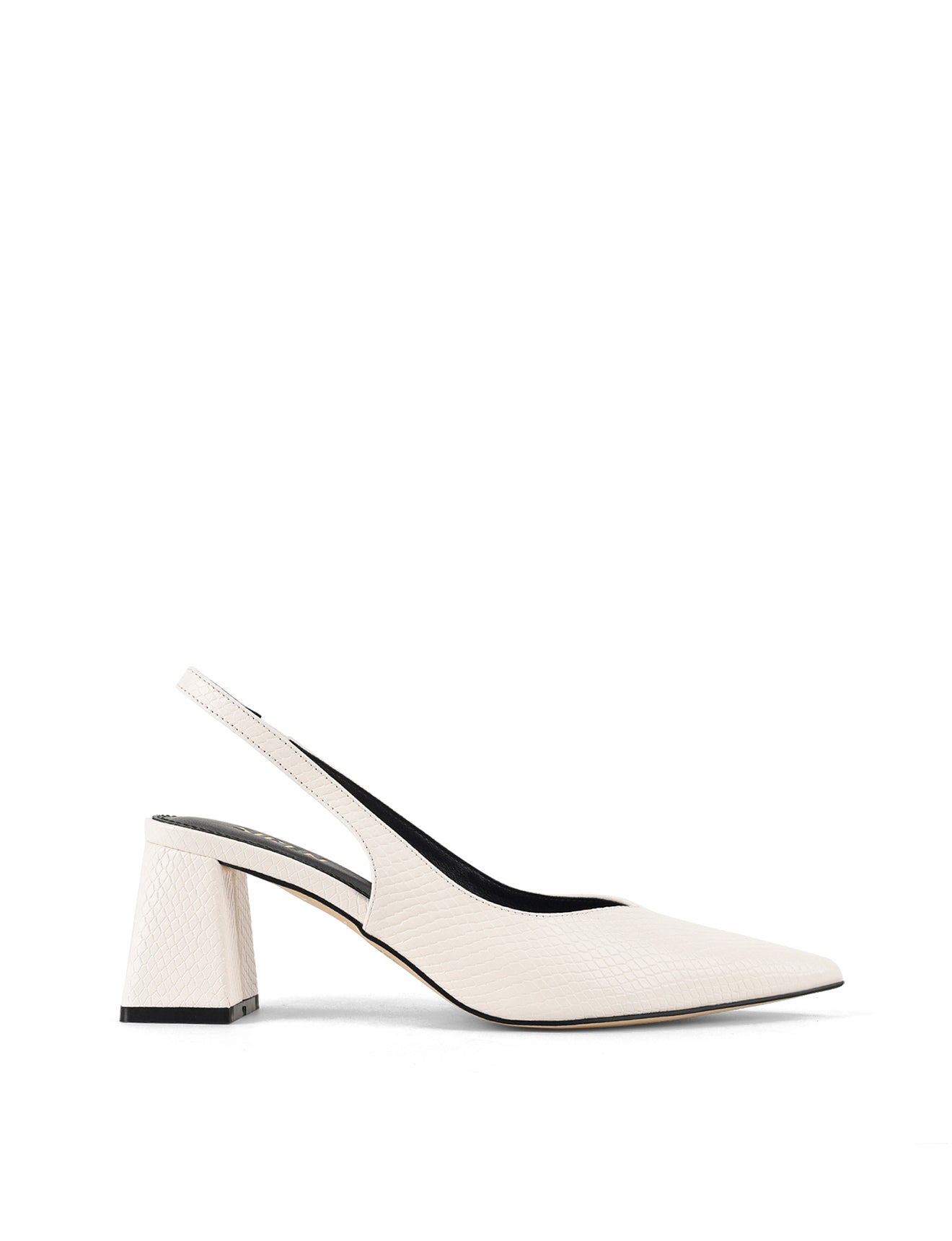 Women's Chalk White Leather Slingback heels with block heel, pointed toe and elasticated slingback