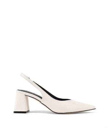 Women's Chalk White Leather Slingback heels with block heel, pointed toe and elasticated slingback