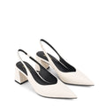 Women's Chalk White Leather Slingback heels with block heel, pointed toe and elasticated slingback