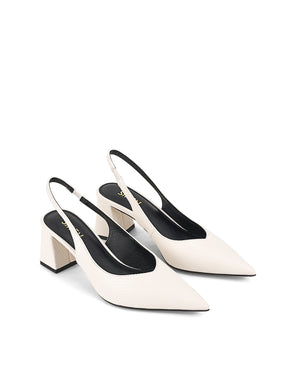 Women's Chalk White Leather Slingback heels with block heel, pointed toe and elasticated slingback
