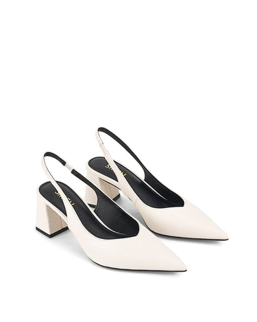 Women's Chalk White Leather Slingback heels with block heel, pointed toe and elasticated slingback