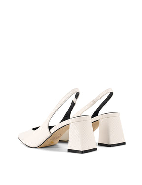 Women's Chalk White Leather Slingback heels with block heel, pointed toe and elasticated slingback