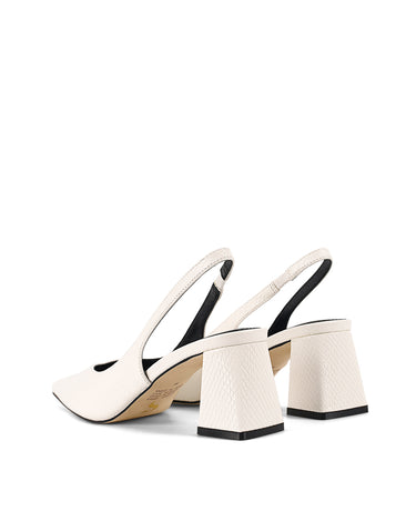 Women's Chalk White Leather Slingback heels with block heel, pointed toe and elasticated slingback