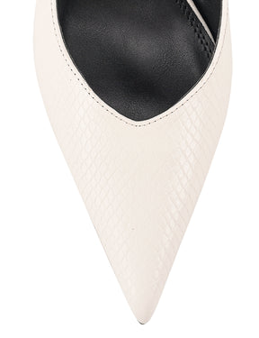 Women's Chalk White Leather Slingback heels with block heel, pointed toe and elasticated slingback