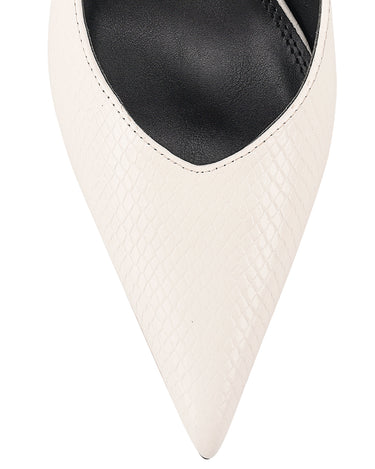 Women's Chalk White Leather Slingback heels with block heel, pointed toe and elasticated slingback