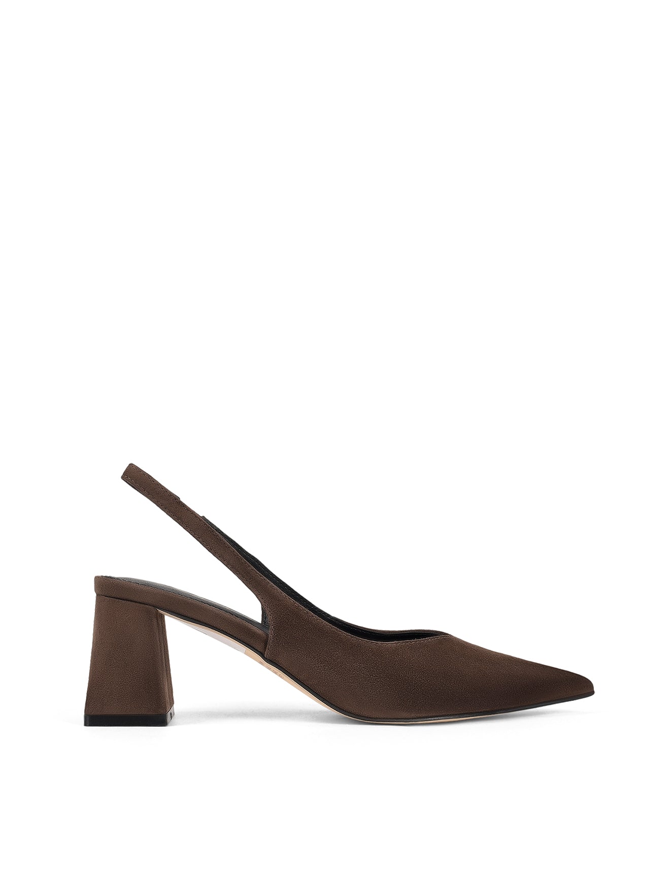 Women's chocolate brown suede leather slingback block heel with pointed toe and elasticated slingback