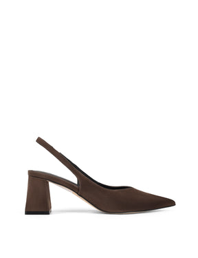 Women's chocolate brown suede leather slingback block heel with pointed toe and elasticated slingback
