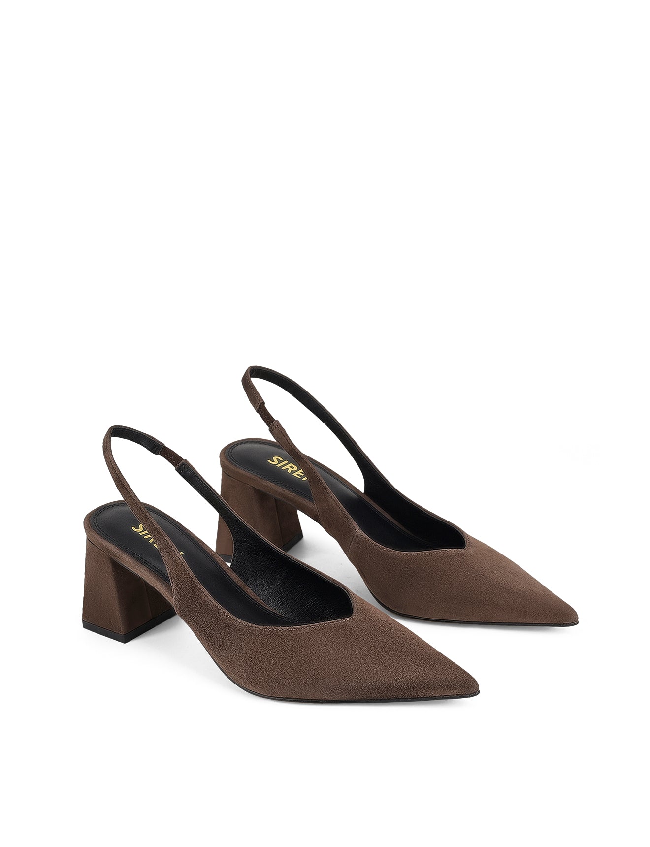 Women's chocolate brown suede leather slingback block heel with pointed toe and elasticated slingback