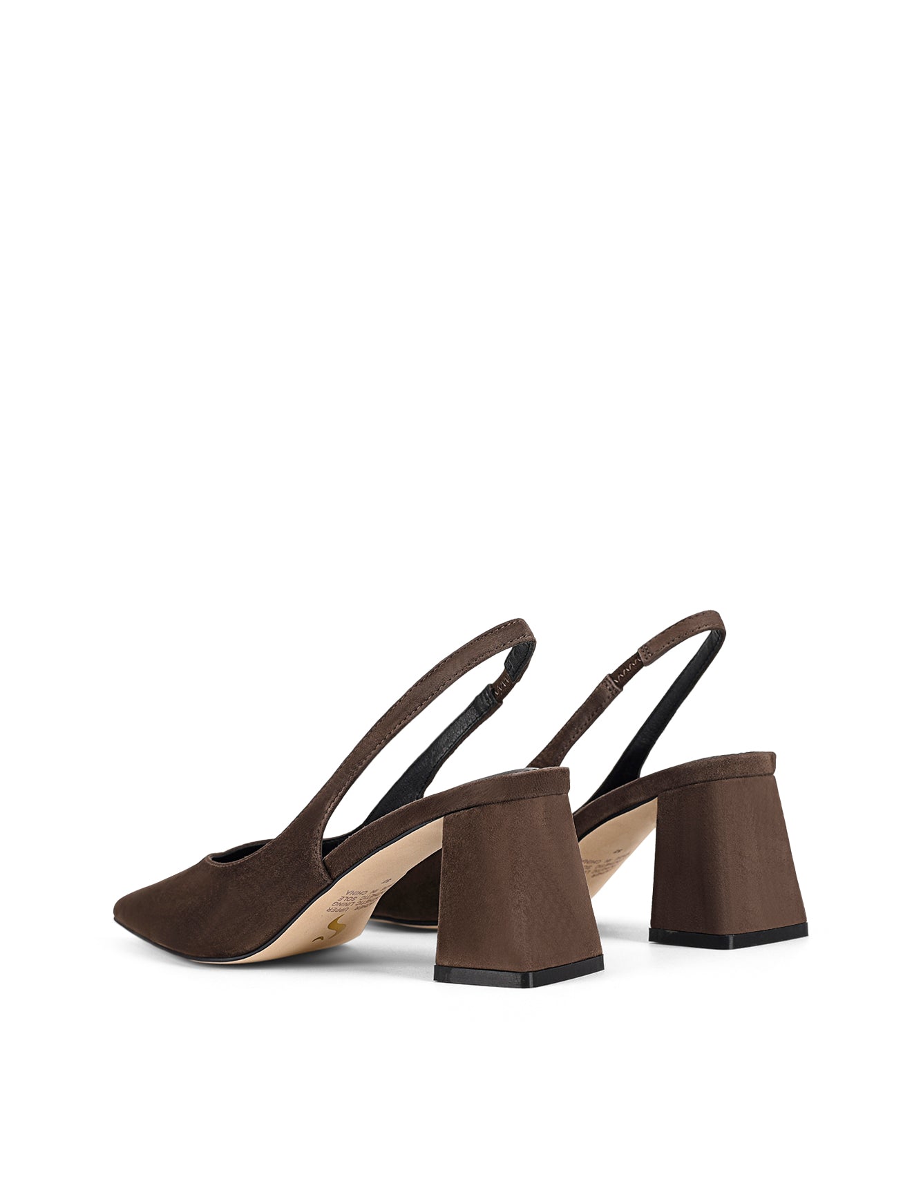 Women's chocolate brown suede leather slingback block heel with pointed toe and elasticated slingback
