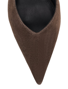 Women's chocolate brown suede leather slingback block heel with pointed toe and elasticated slingback