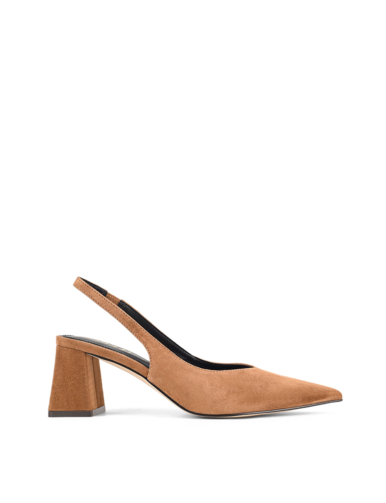 Women's tobacco tan suede block heel slingback with pointed toe and elastic closure