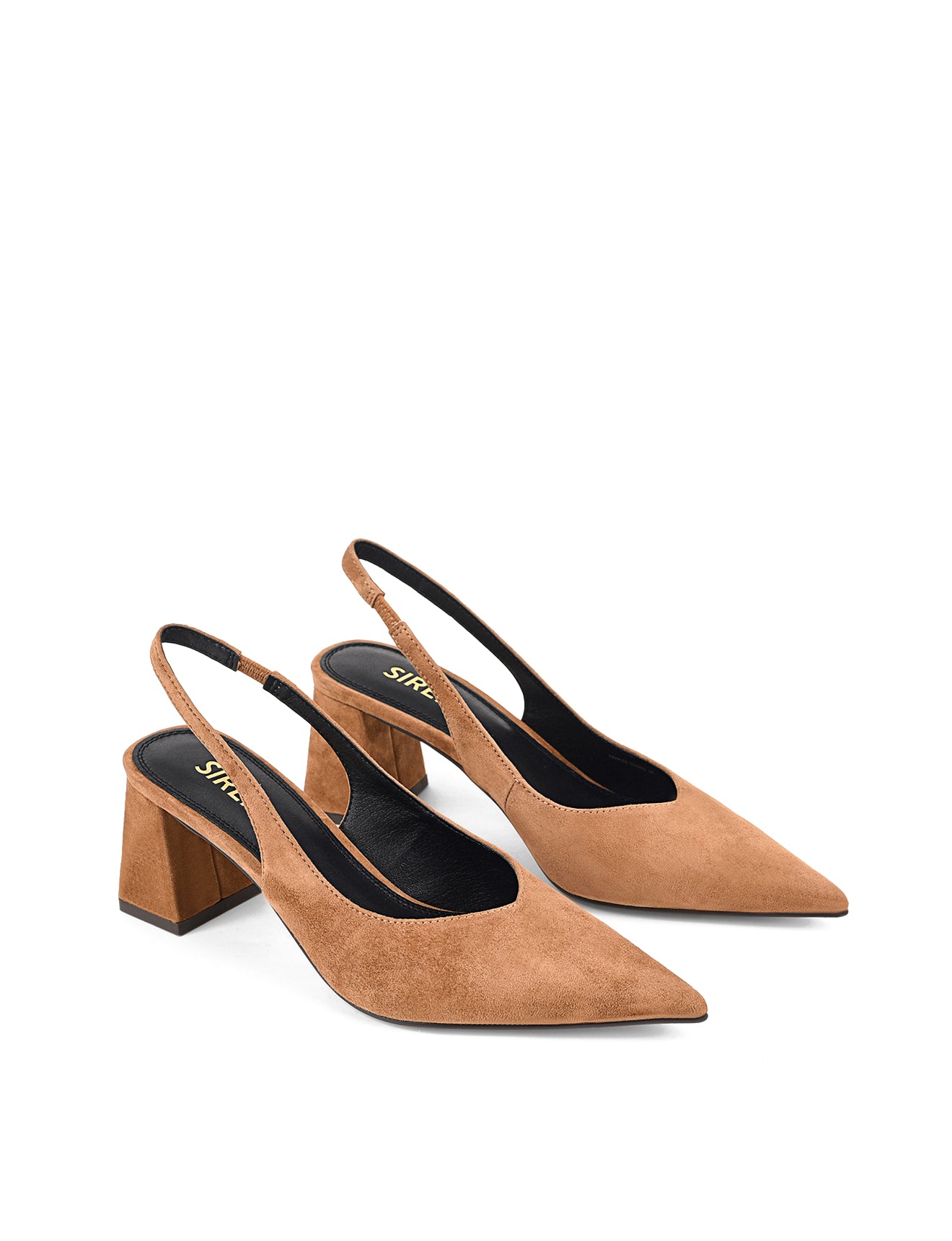 Women's tobacco tan suede block heel slingback with pointed toe and elastic closure