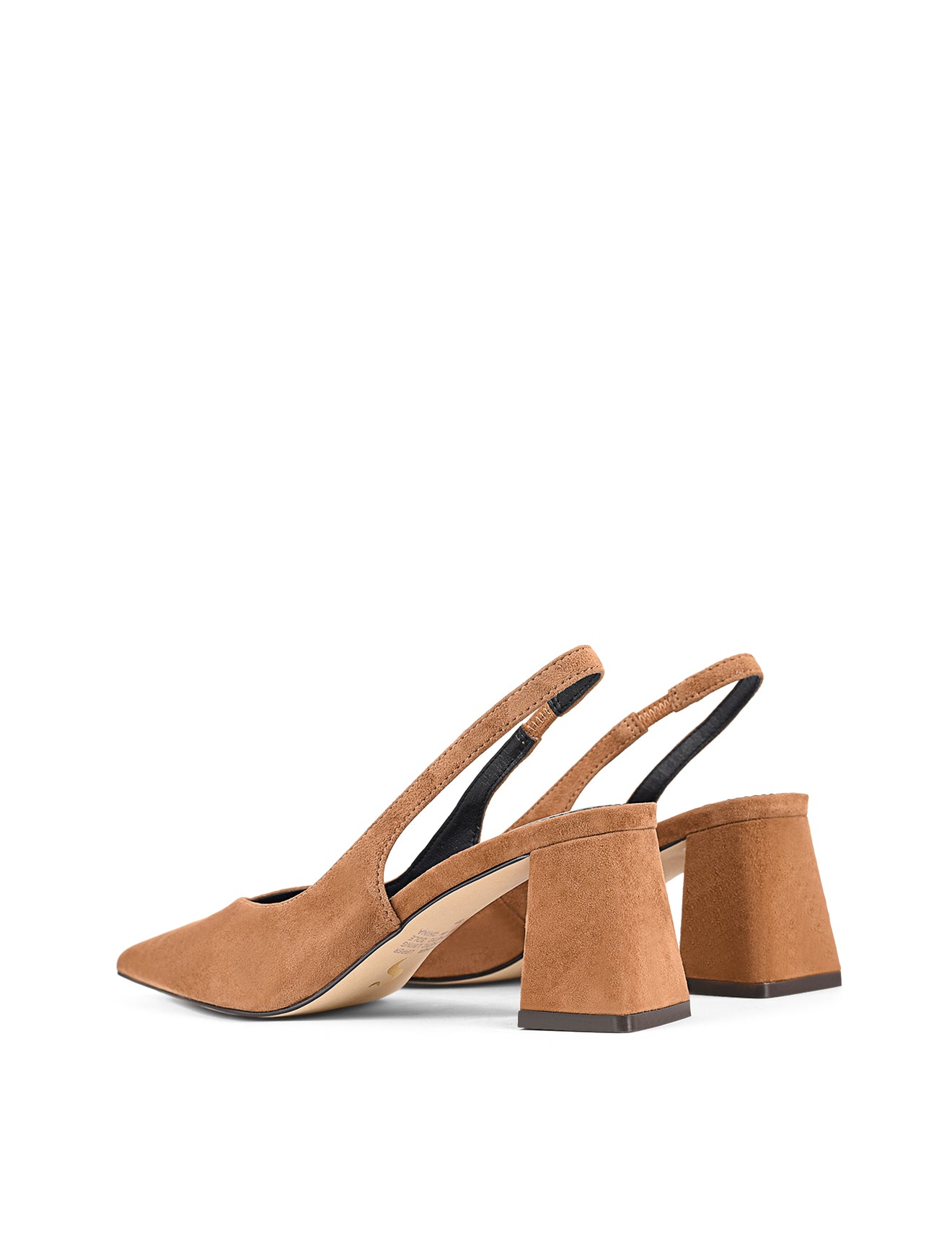 Women's tobacco tan suede block heel slingback with pointed toe and elastic closure
