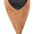 Women's tobacco tan suede block heel slingback with pointed toe and elastic closure