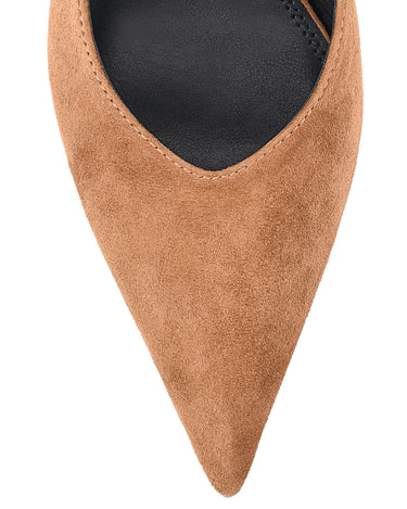 Women's tobacco tan suede block heel slingback with pointed toe and elastic closure