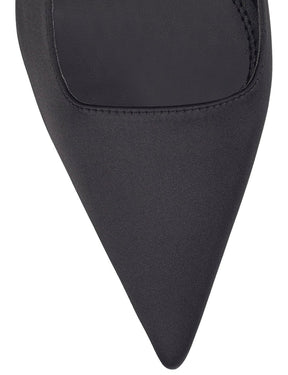 Women's black satin block heel slingback with pointed toe