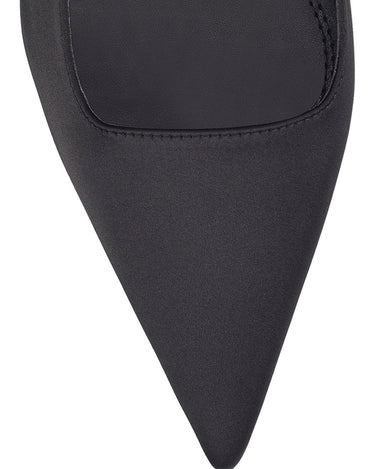 Women's black satin block heel slingback with pointed toe