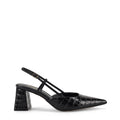 Women's black croc embossed leather slingback block heel with pointed toe