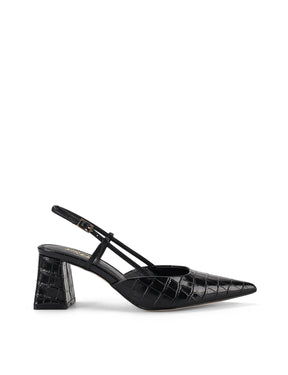 Women's black croc embossed leather slingback block heel with pointed toe