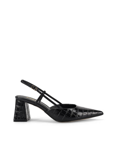 Women's black croc embossed leather slingback block heel with pointed toe