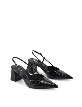 Women's black croc embossed leather slingback block heel with pointed toe