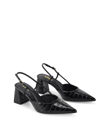 Women's black croc embossed leather slingback block heel with pointed toe